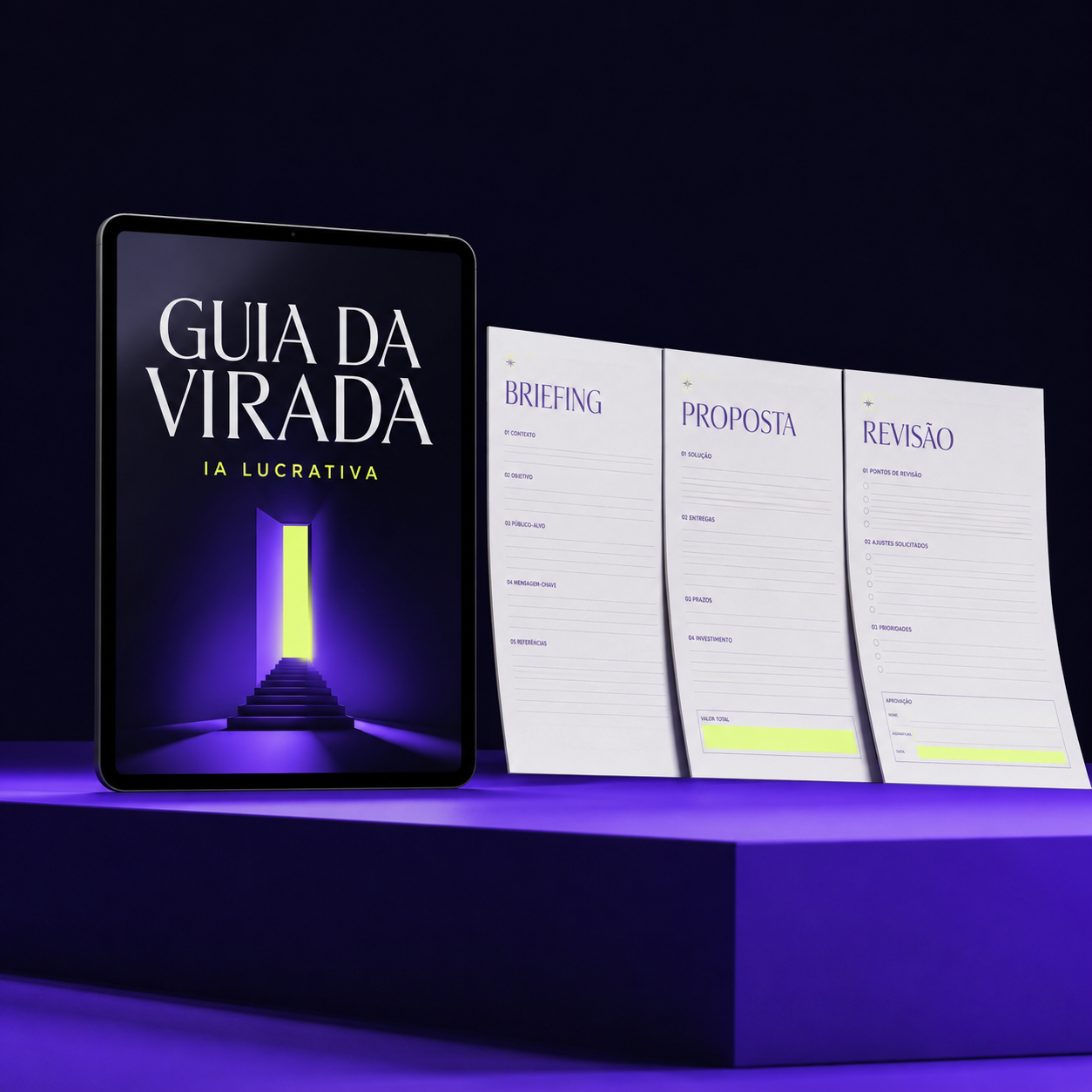 Apresentação do IA Lucrativa em tablet e dos modelos de briefing, proposta e revisão